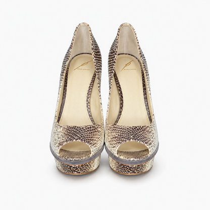 Loved By Lea: Brian Atwood snakeskin print leather peep-toe platform pumps pair side view showing gold heel tip and gray suede platform trim