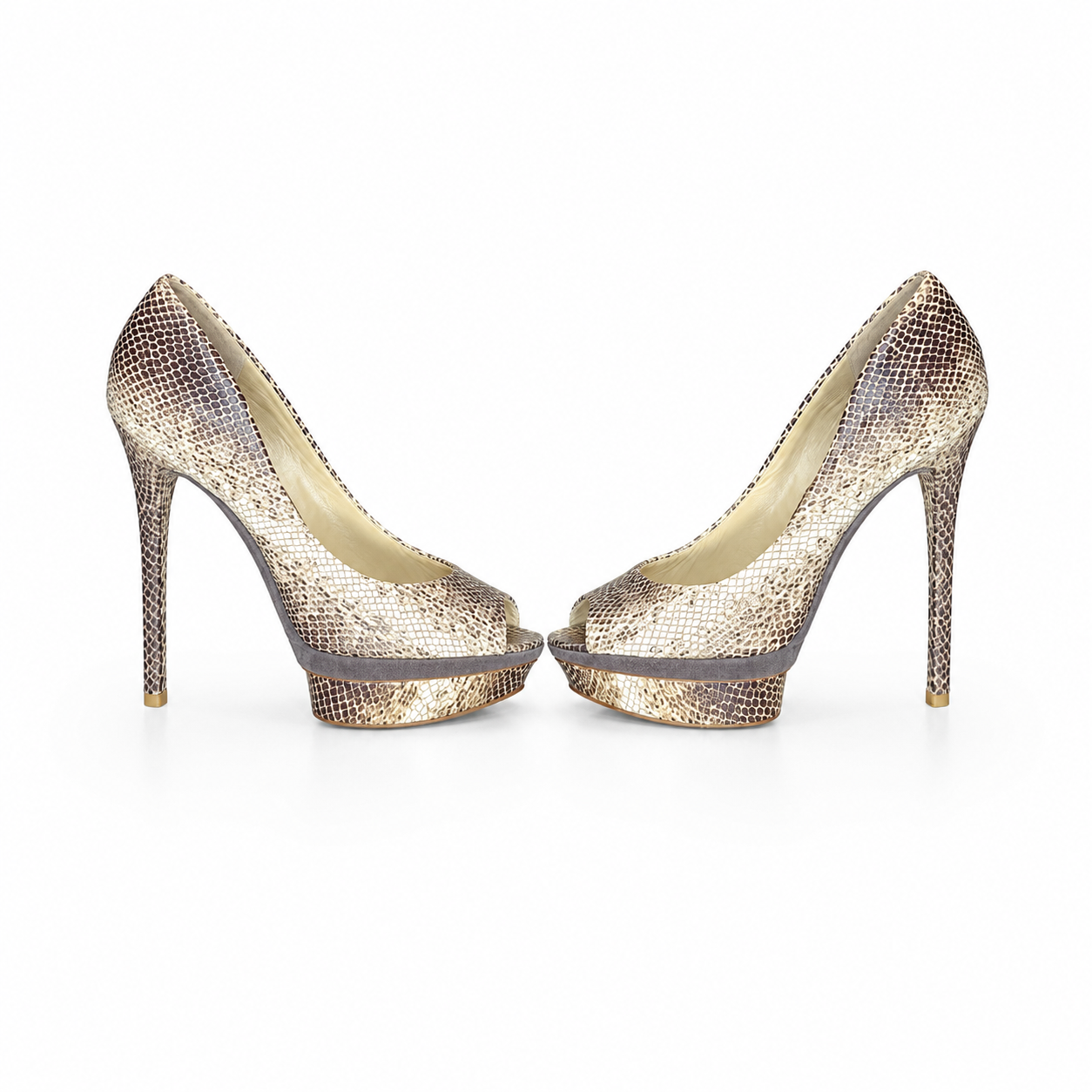 Loved By Lea: Brian Atwood snakeskin print leather platform pumps pair back view showing stiletto heel and gray suede trim