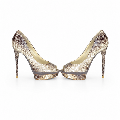 Loved By Lea: Brian Atwood snakeskin print leather platform pumps pair back view showing stiletto heel and gray suede trim