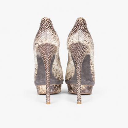Loved By Lea: Brian Atwood snakeskin print leather peep-toe platform pumps pair front view showing Brian Atwood insole branding and open toe