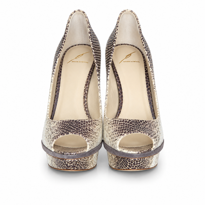 Loved By Lea: Brian Atwood snakeskin print leather peep-toe platform pumps pair angled view showing champagne brown snakeskin print detail