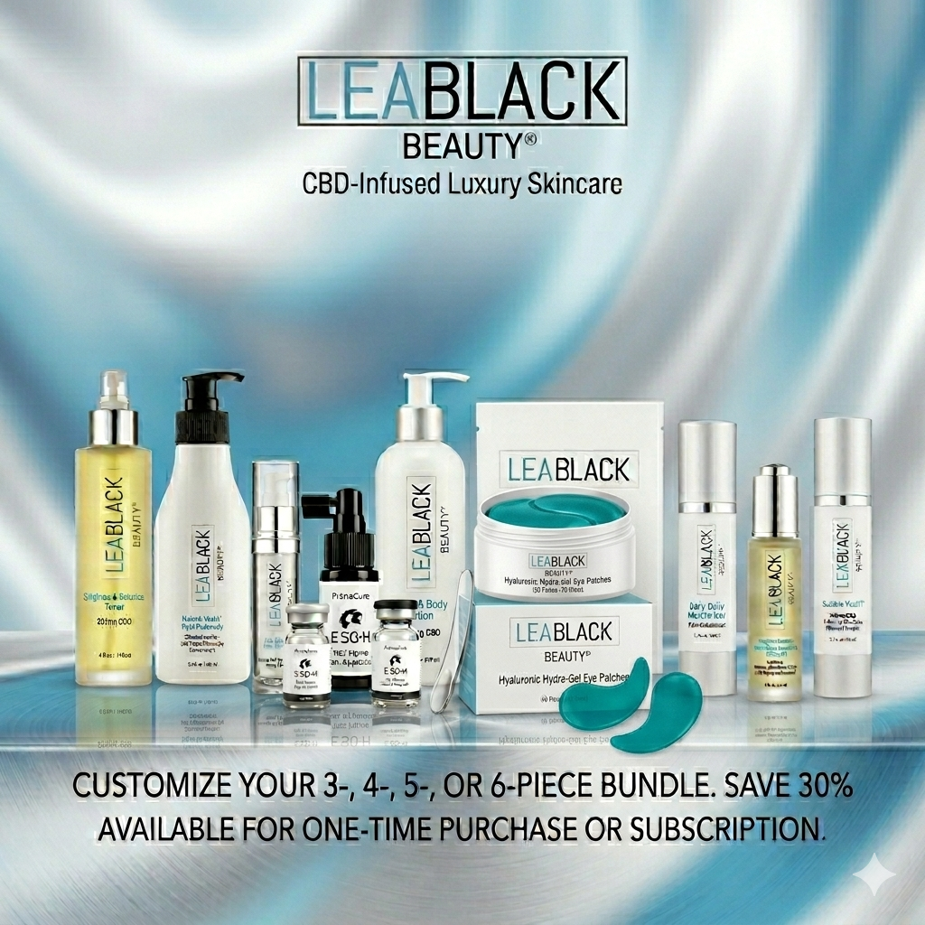 LEA BLACK Beauty CBD-Infused Luxury Skincare products on a reflective surface with a gradient background.
