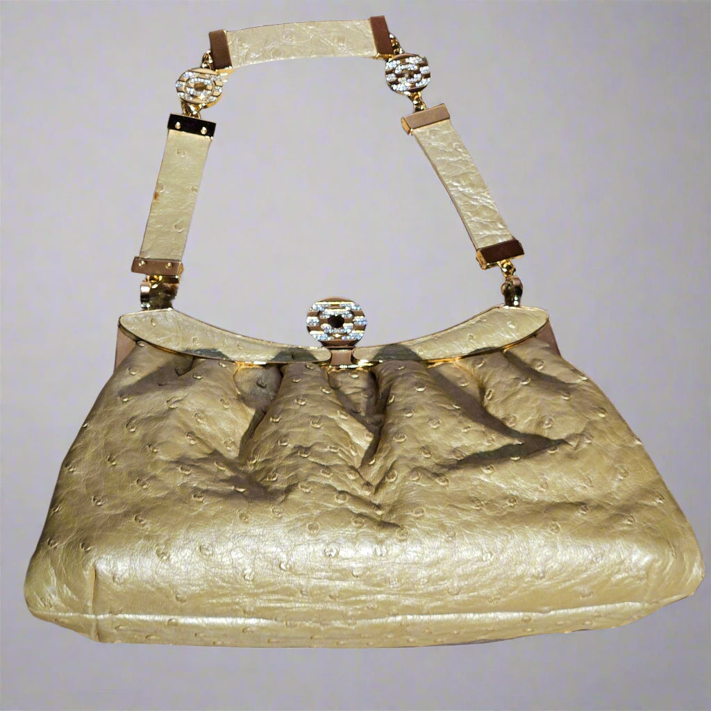 Loved By Lea: Bvlgari Vintage Crystal Logo Frame Bag in Gold Ostrich Leather
