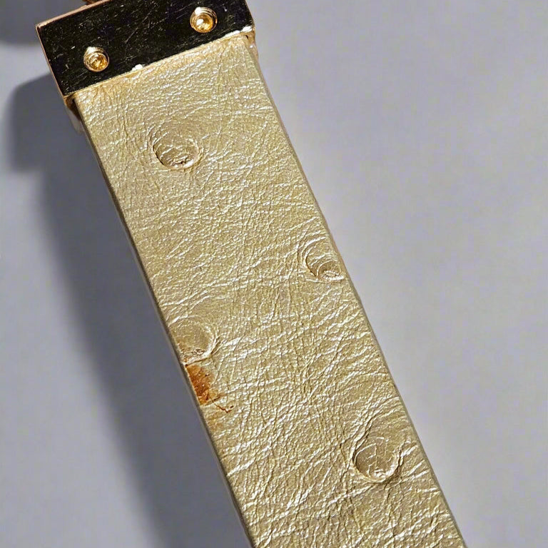 Loved By Lea: Bvlgari Vintage Crystal Logo Frame Bag in Gold Ostrich Leather