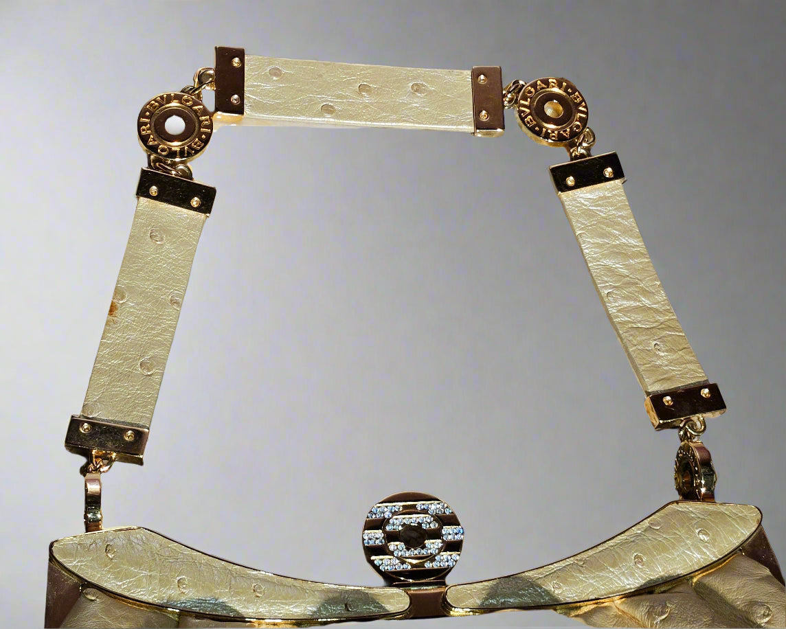 Loved By Lea: Bvlgari Vintage Crystal Logo Frame Bag in Gold Ostrich Leather