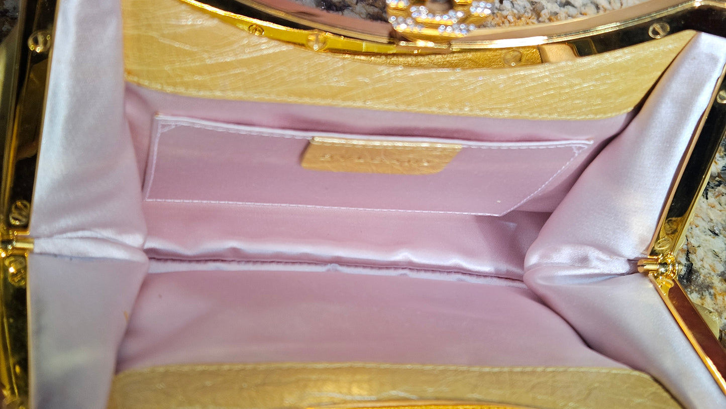 Loved By Lea: Bvlgari Vintage Crystal Logo Frame Bag in Gold Ostrich Leather