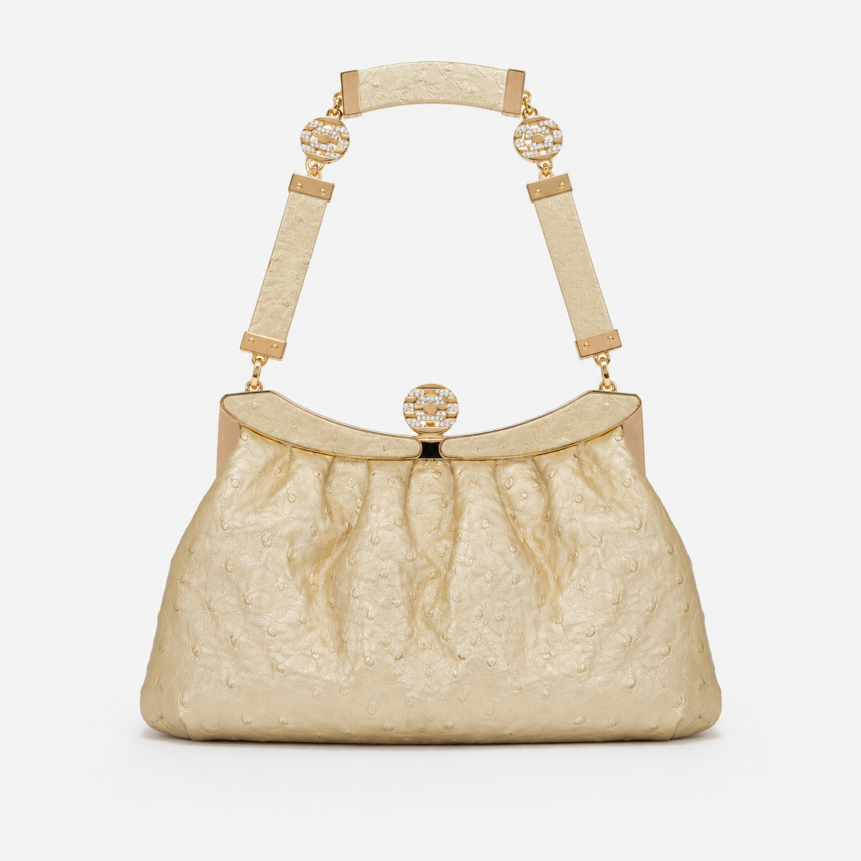 Loved By Lea: Bvlgari Vintage Crystal Logo Frame Bag in Gold Ostrich Leather