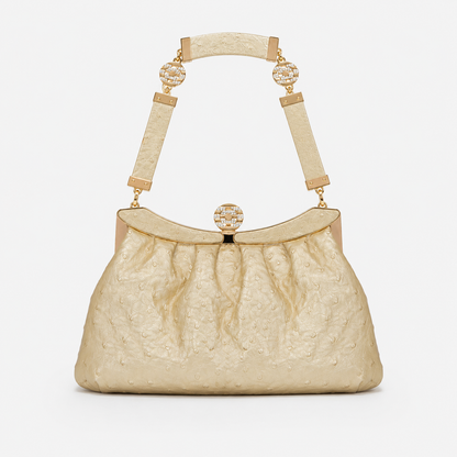 Loved By Lea: Bvlgari Vintage Crystal Logo Frame Bag in Gold Ostrich Leather