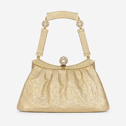 Loved By Lea: Bvlgari Vintage Crystal Logo Frame Bag in Gold Ostrich Leather