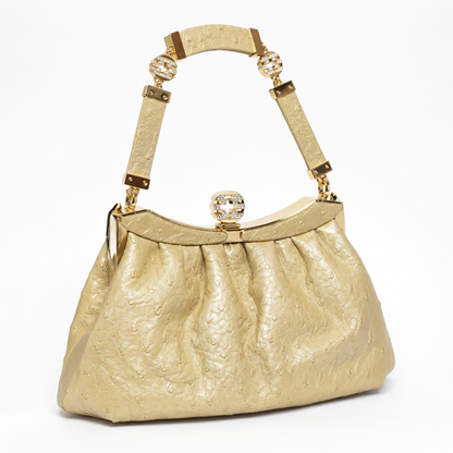 Loved By Lea: Bvlgari Vintage Crystal Logo Frame Bag in Gold Ostrich Leather