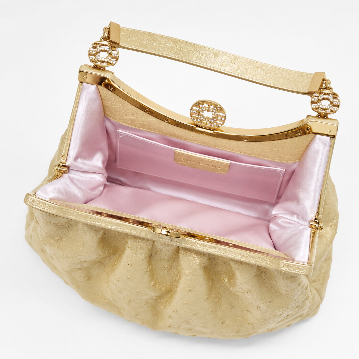 Loved By Lea: Bvlgari Vintage Crystal Logo Frame Bag in Gold Ostrich Leather