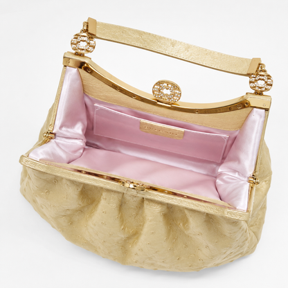 Loved By Lea: Bvlgari Vintage Crystal Logo Frame Bag in Gold Ostrich Leather