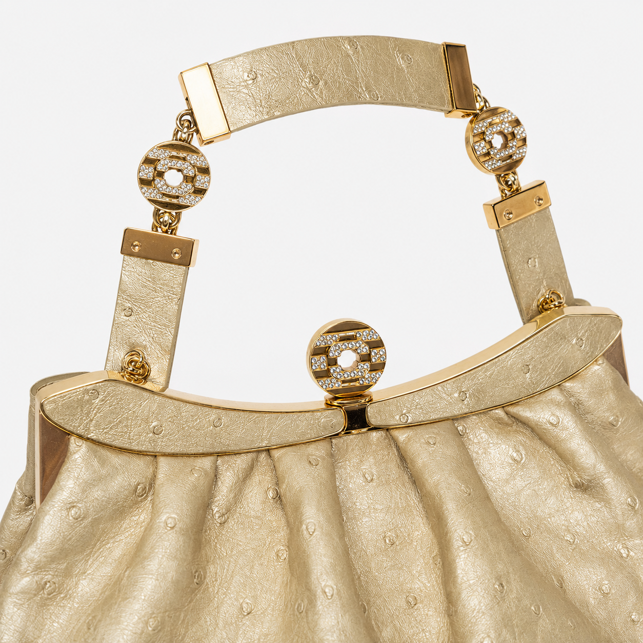 Loved By Lea: Bvlgari Vintage Crystal Logo Frame Bag in Gold Ostrich Leather