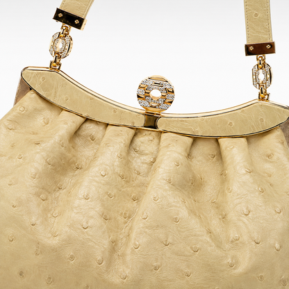 Loved By Lea: Bvlgari Vintage Crystal Logo Frame Bag in Gold Ostrich Leather