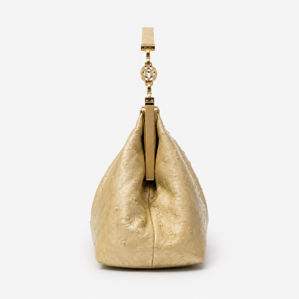 Loved By Lea: Bvlgari Vintage Crystal Logo Frame Bag in Gold Ostrich Leather