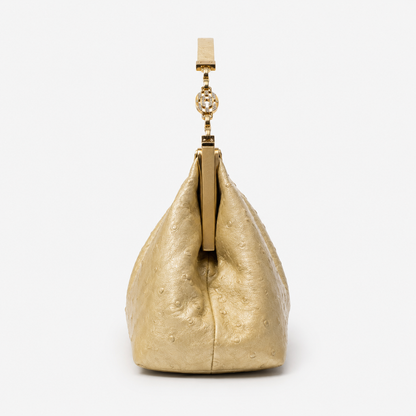 Loved By Lea: Bvlgari Vintage Crystal Logo Frame Bag in Gold Ostrich Leather