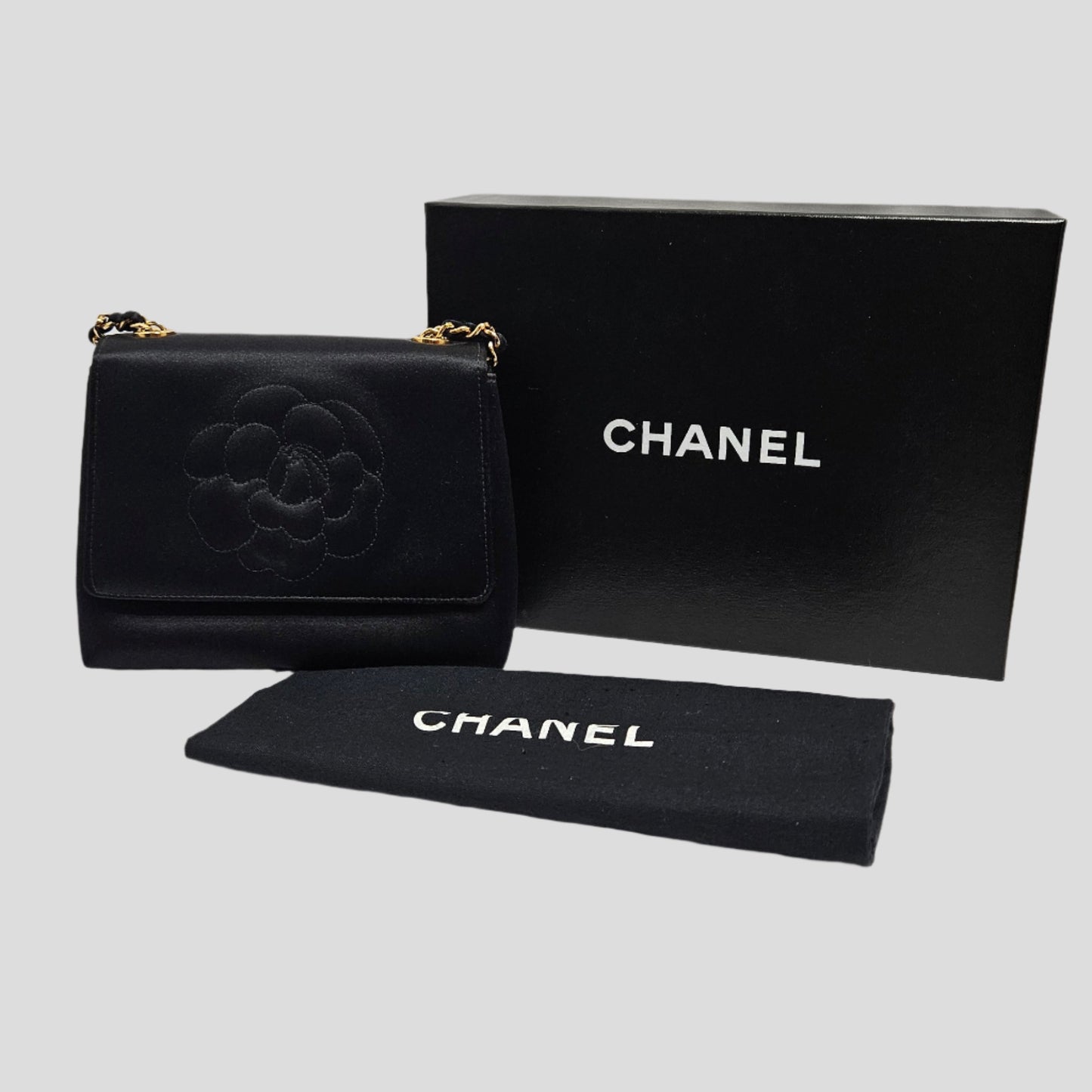 Chanel Camellia Black Satin Bag with Gold Chain