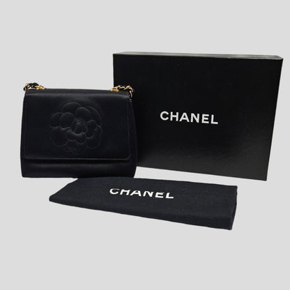 Chanel Camellia Black Satin Bag with Gold Chain