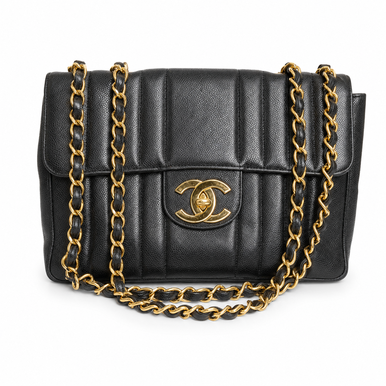 Black quilted handbag with gold chain strap and logo on a white background