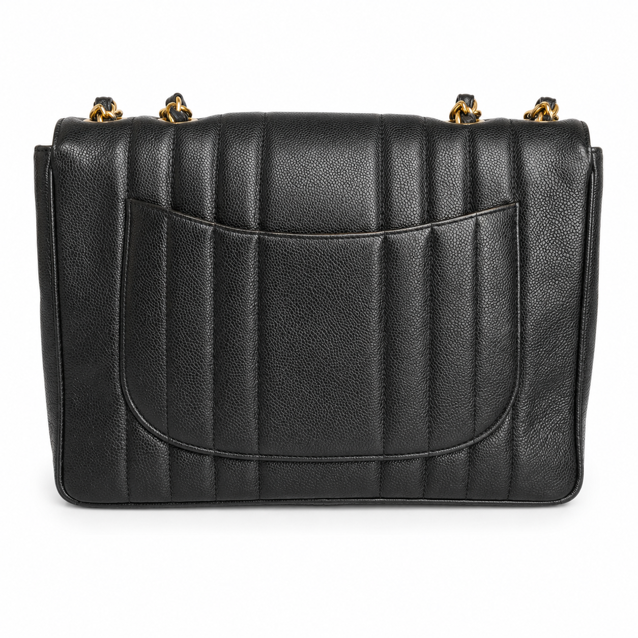 Black quilted handbag with gold hardware on a white background