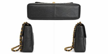Black handbag with a chain strap on a white background
