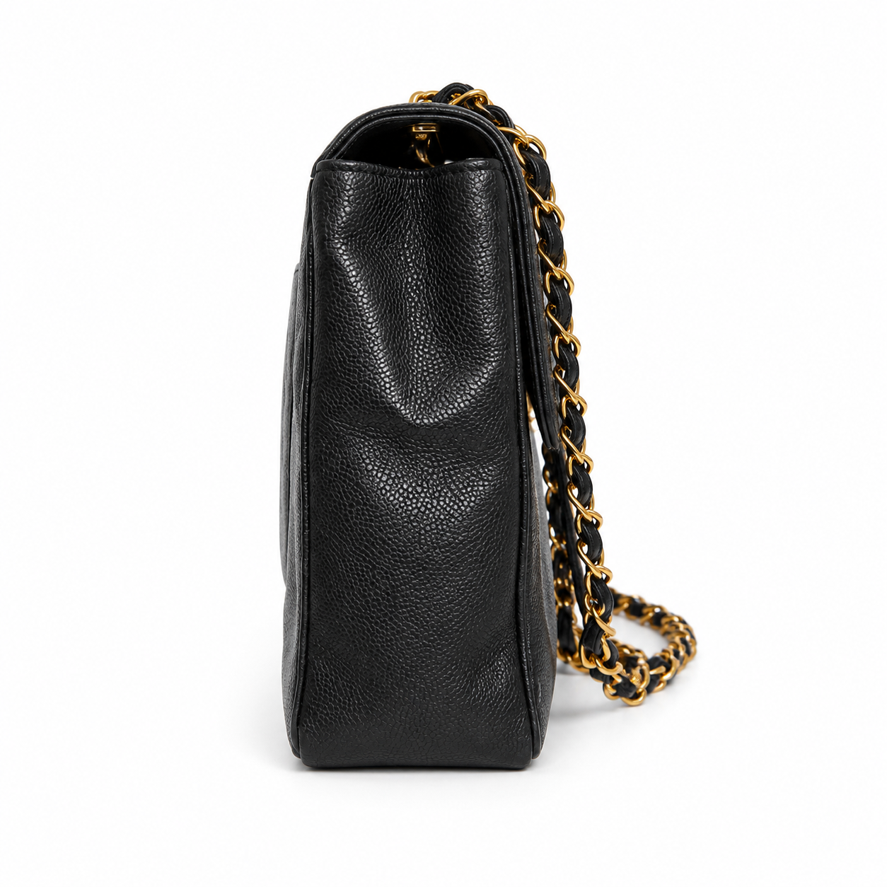 Black leather handbag with a gold chain strap on a white background