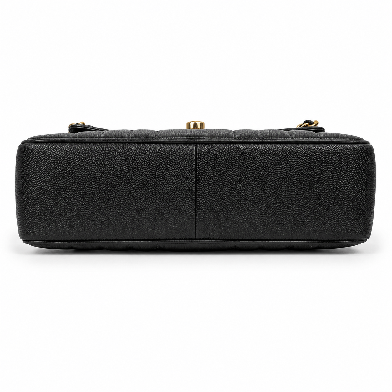 Black leather handbag with gold hardware on a white background