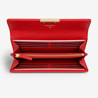 New Chanel Red Quilted Caviar Leather Boy Flap Long Wallet | Loved By Lea