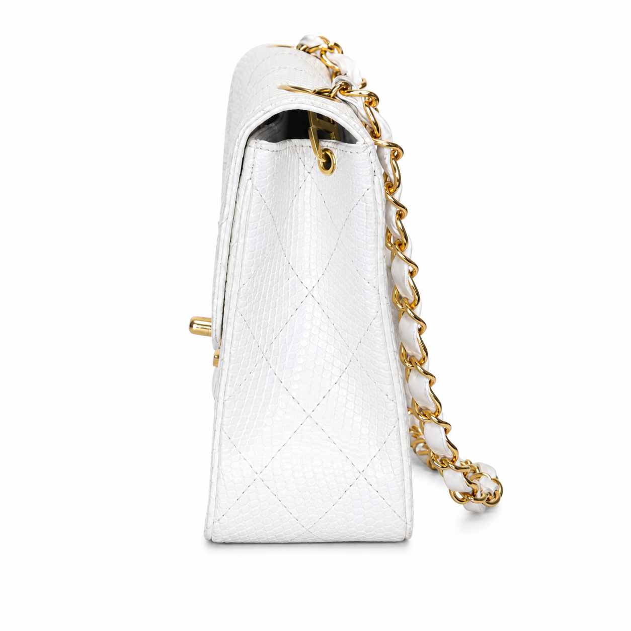 White handbag with gold chain strap on a white background