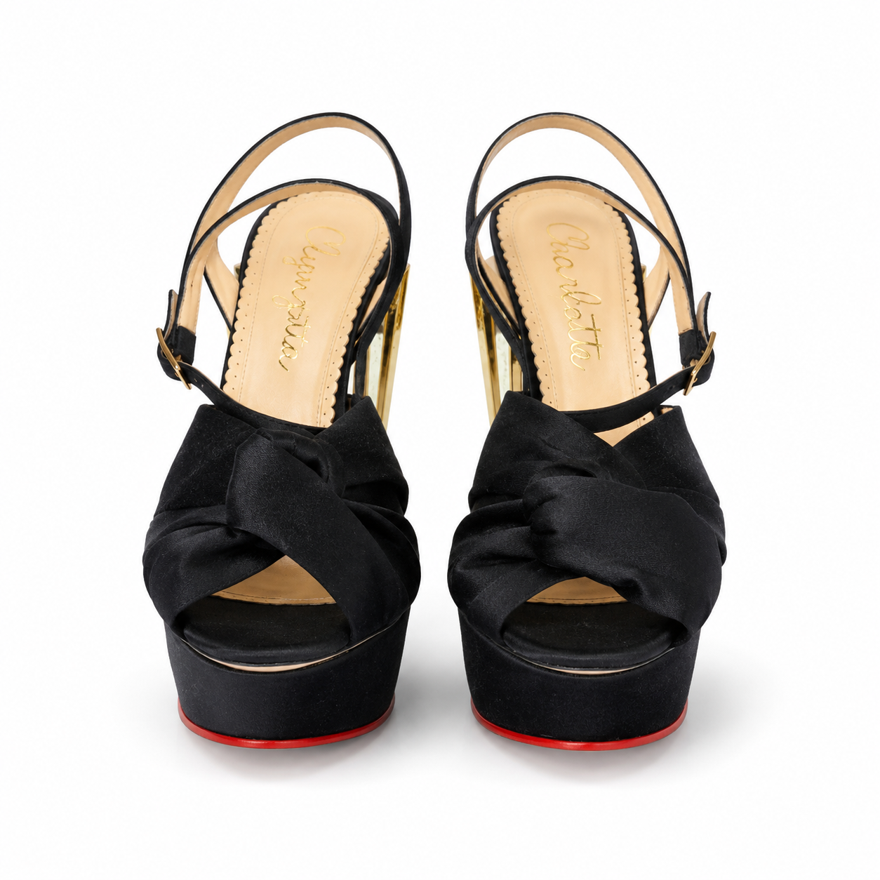 Loved By Lea: Charlotte Olympia Serena black satin platform sandal - side view showing gold geometric heel