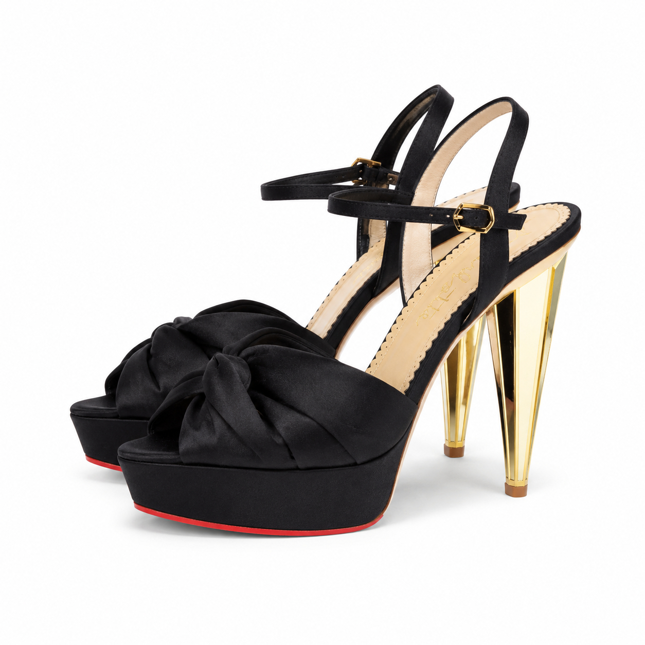 Loved By Lea: Charlotte Olympia Serena black satin platform sandals pair - front view showing bow and gold heel