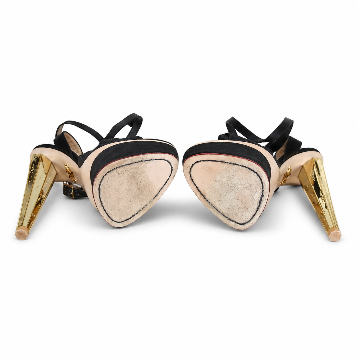 Loved By Lea: Charlotte Olympia Serena black satin platform sandals pair - angled view showing ankle strap and gold heel