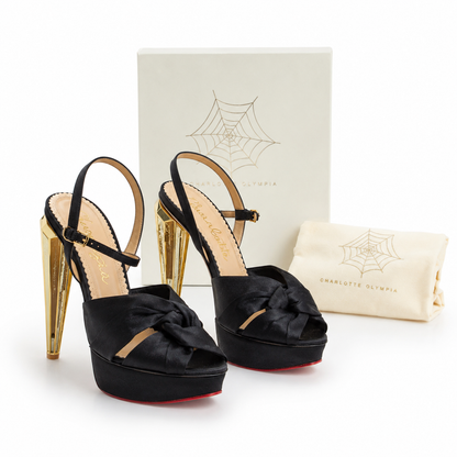 Loved By Lea: Charlotte Olympia Serena black satin sandals pair - front view showing knotted bow detail