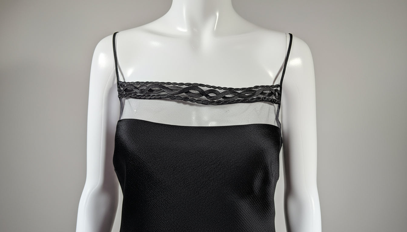 Black and white dress with lace detail on a mannequin.