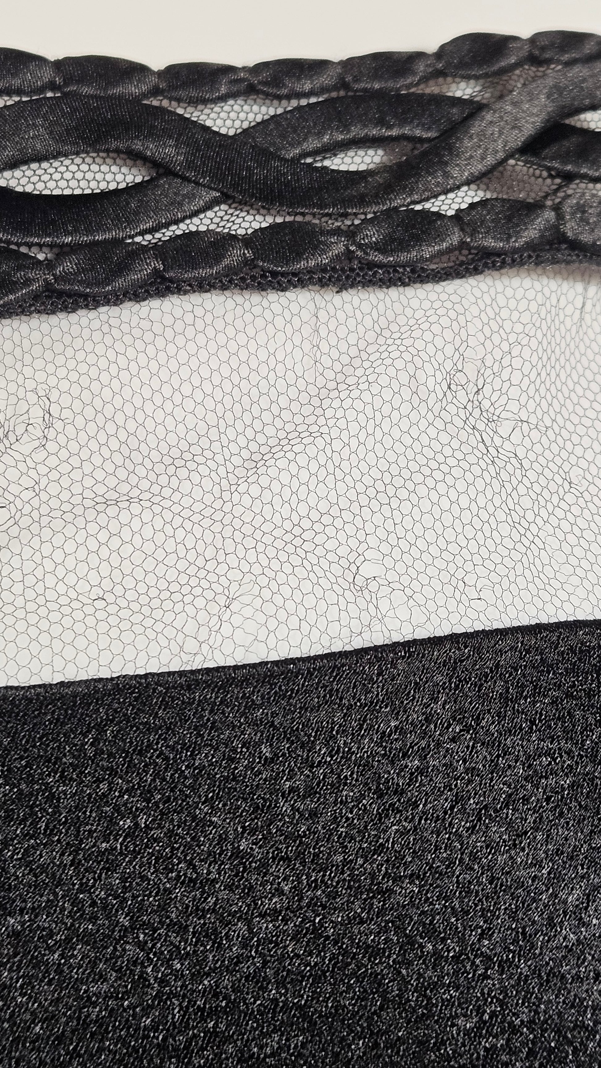 Close-up of textured black, white, and gray fabric samples.