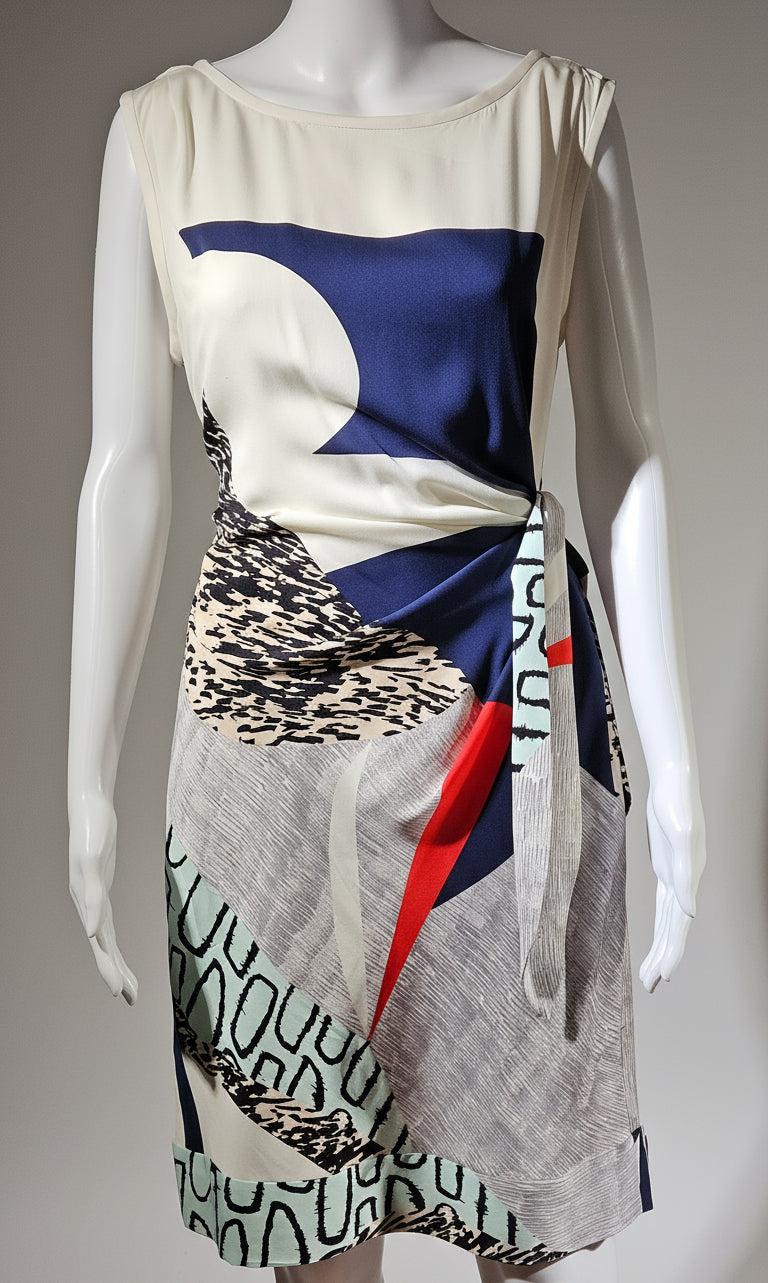 Mannequin wearing a dress with abstract patterns on a plain background