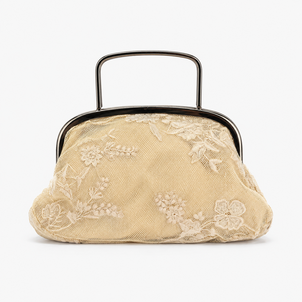Beige lace handbag with a black handle on a white background