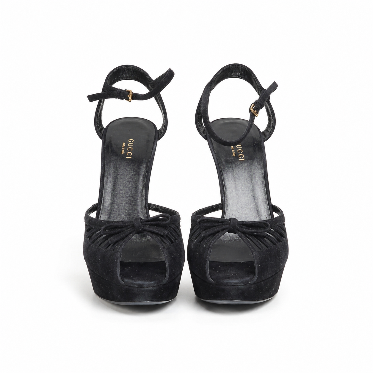 Loved By Lea: Gucci black suede platform sandals additional view showing bow detail and platform sole
