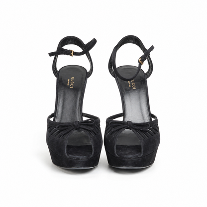 Loved By Lea: Gucci black suede platform sandals additional view showing bow detail and platform sole
