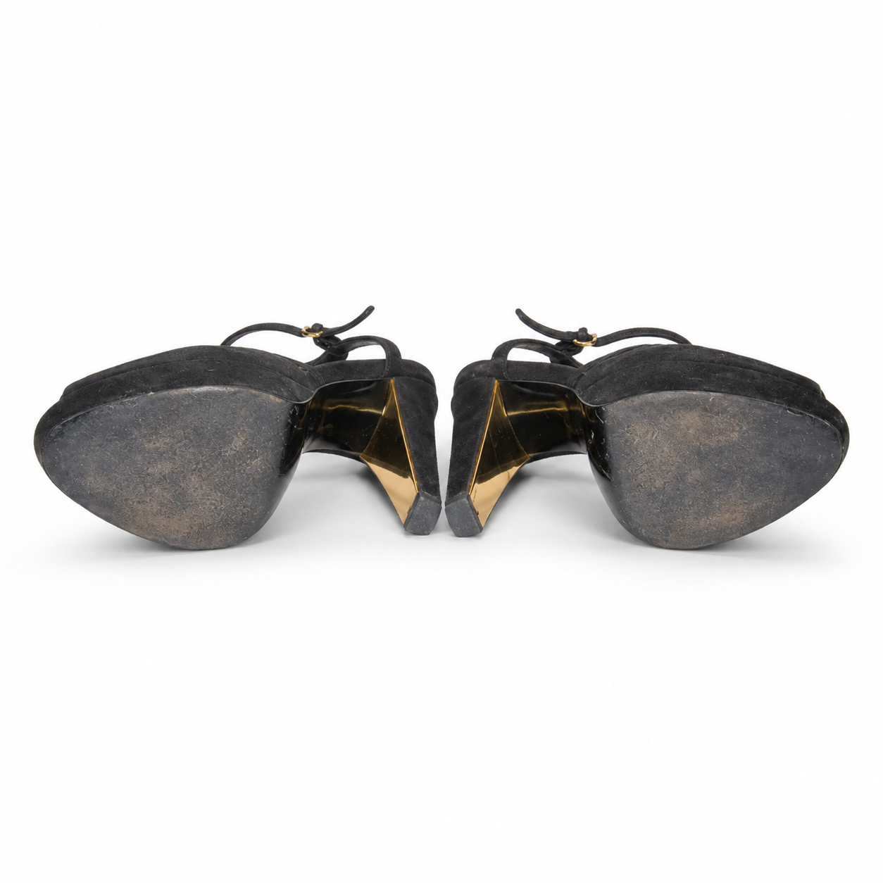 Loved By Lea: Gucci black suede platform sandals sole view showing significant wear on both shoes
