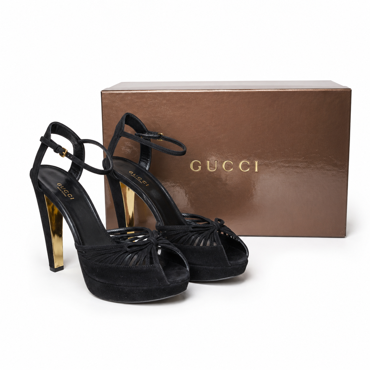 Loved By Lea: Gucci black kid suede platform sandals displayed with original Gucci brown box
