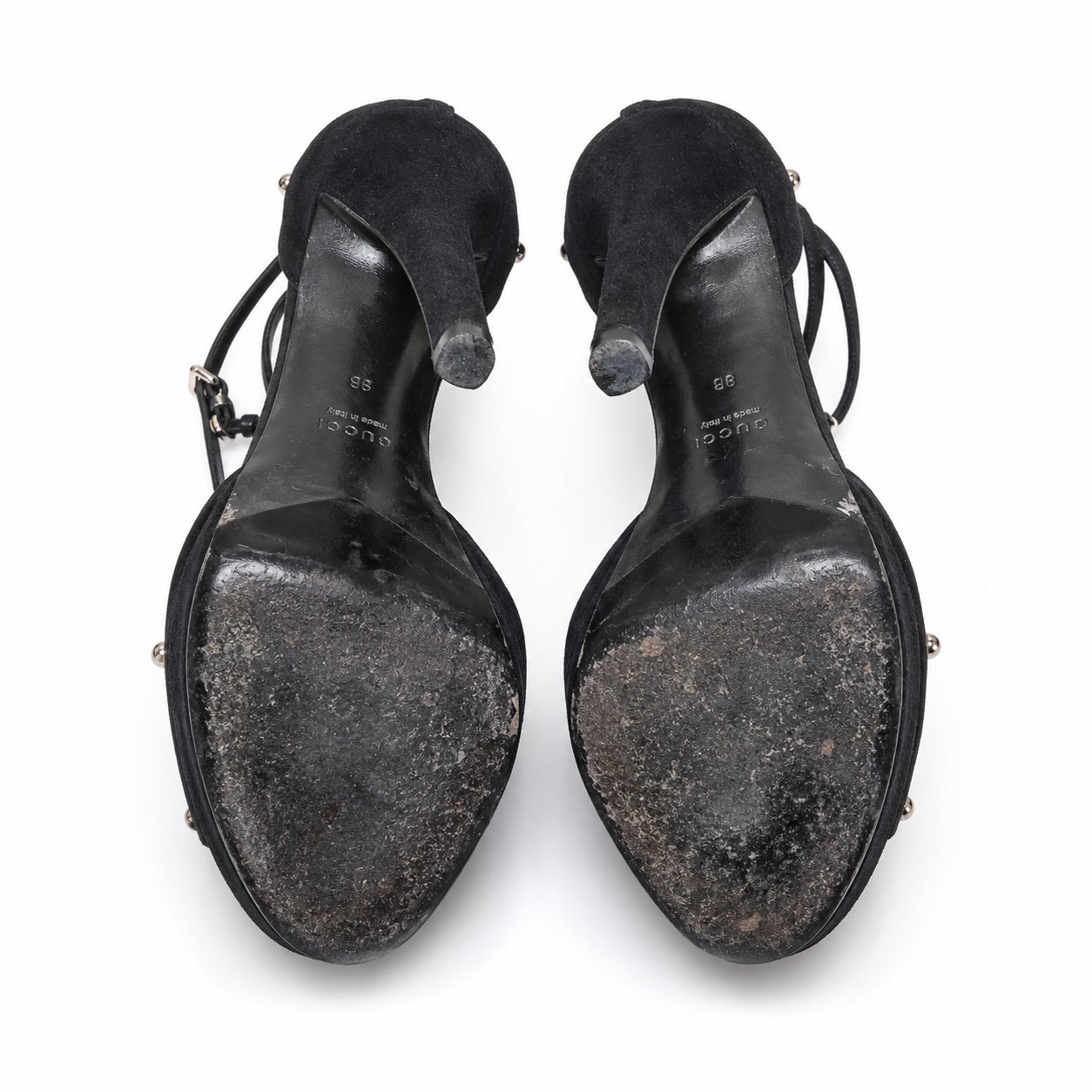 Gucci Black Kid Suede Metal-Plate Platform Sandals | Size 9B | A- Condition | Loved By Lea