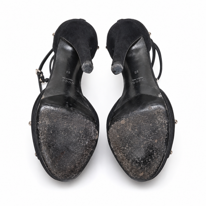 Gucci Black Kid Suede Metal-Plate Platform Sandals | Size 9B | A- Condition | Loved By Lea