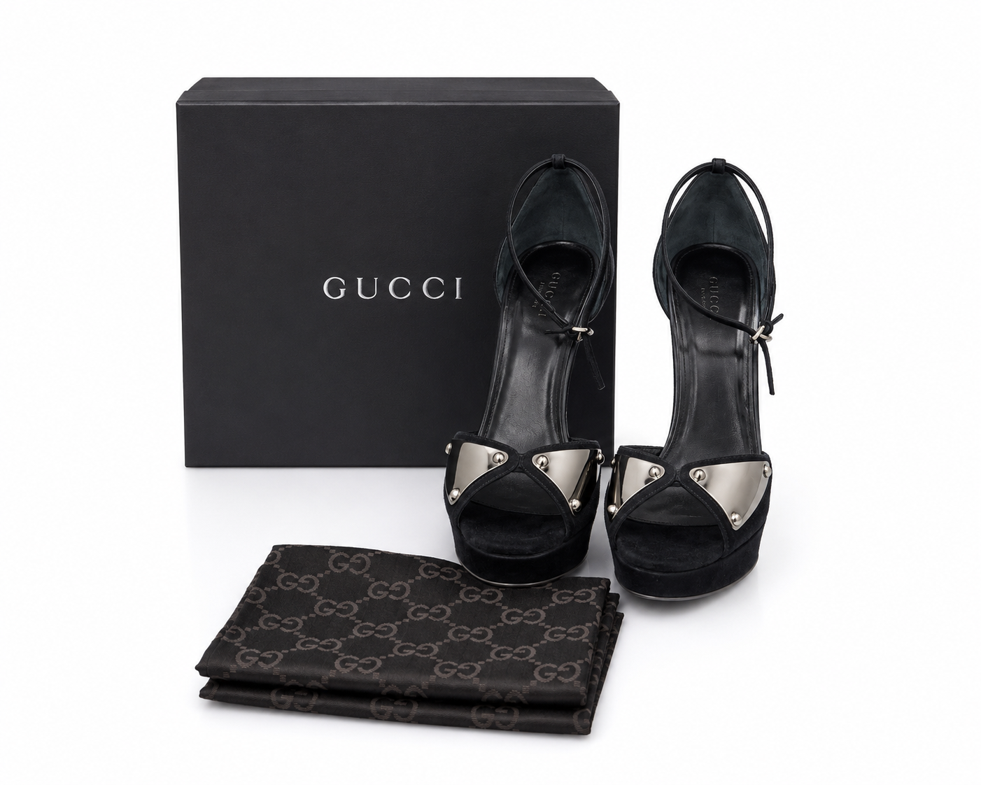 Gucci Black Kid Suede Metal-Plate Platform Sandals | Size 9B | A- Condition | Loved By Lea