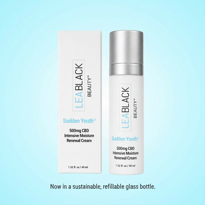 Sudden Youth® 500mg CBD Intensive Moisture Renewal Cream in premium refillable glass bottle – Lea Black Beauty® Sustainable Glass Bottle Program
