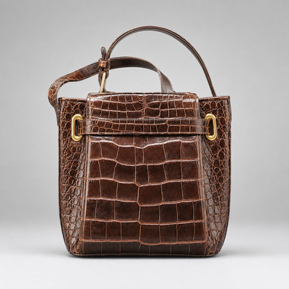 Brown crocodile skin handbag with gold hardware on a light gray background