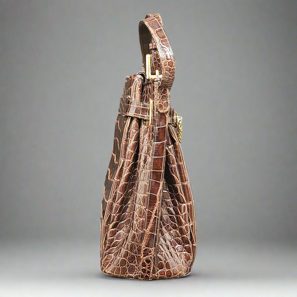 Judith Leiber Brown Crocodile Shoulder Strap Bucket Bag