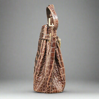 Judith Leiber Brown Crocodile Shoulder Strap Bucket Bag