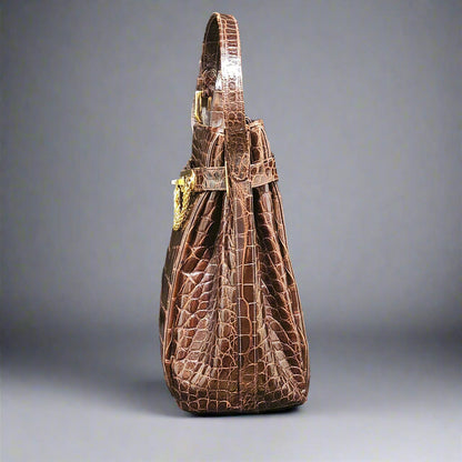 Judith Leiber Brown Crocodile Shoulder Strap Bucket Bag