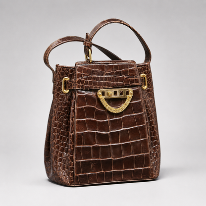 Brown crocodile skin handbag with gold hardware on a light gray background